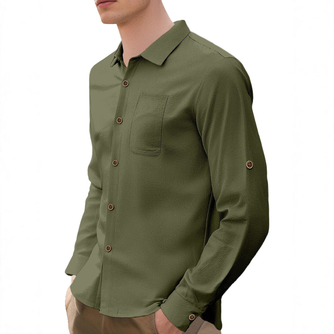 Men's breathable structured business shirt with breast pocket wooden button placket and ergonomic shoulder fit Mune Fashion