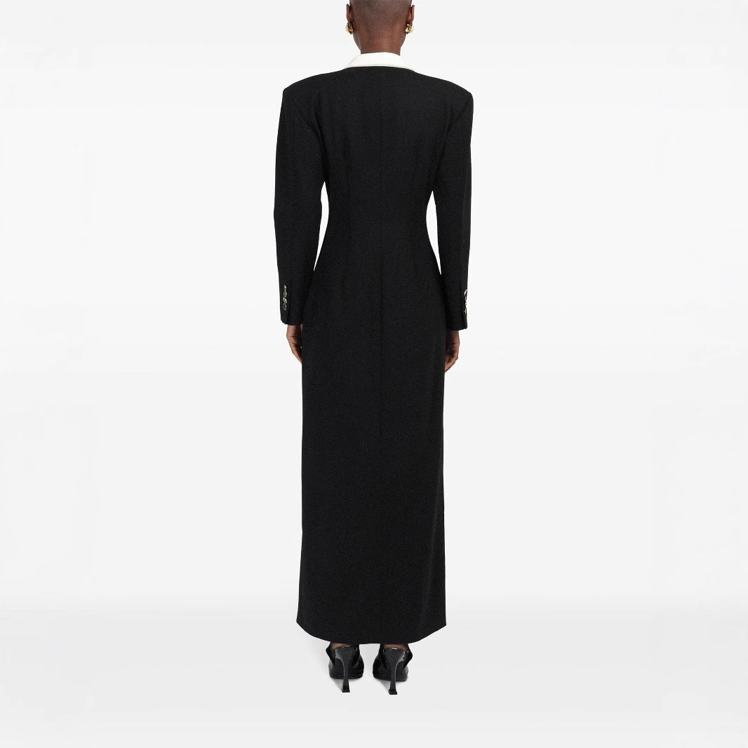 Women's Double-Breasted Long Blazer Dress with Tailored Silhouette and Contrast Lapels Mune Fashion
