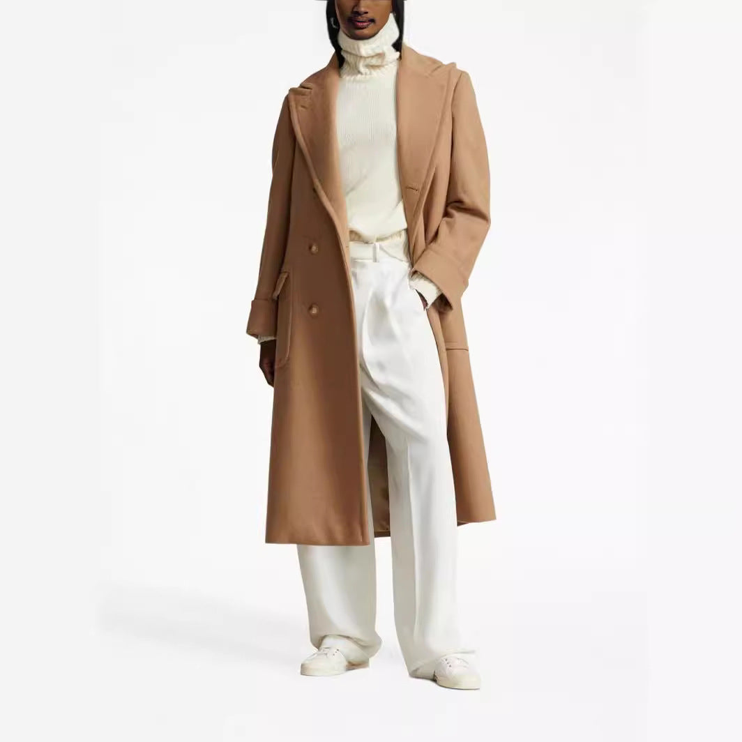 Women's longer double-breasted wool coat with wide cut and lapel collar Mune Fashion
