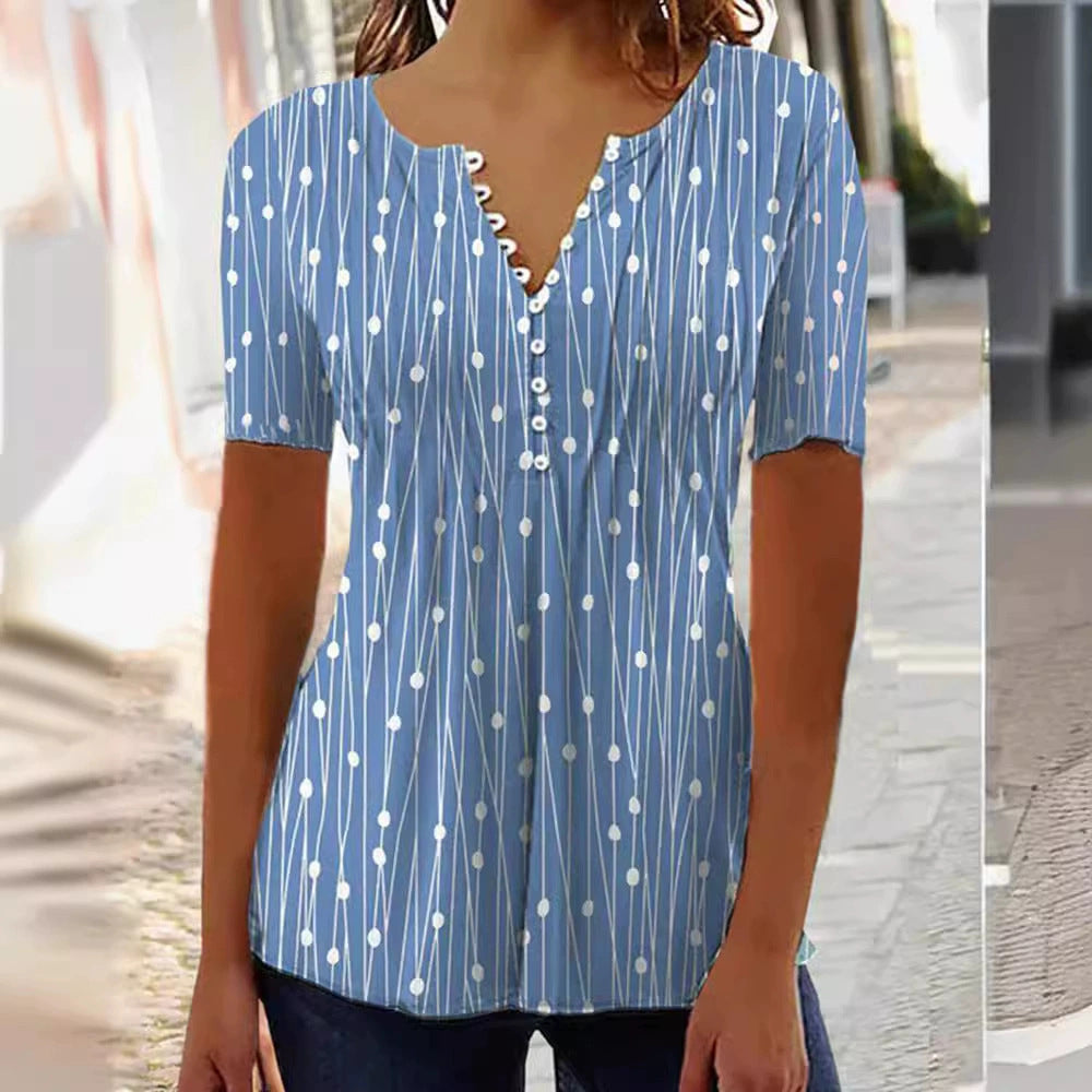 Women's lightweight tunic blouse with V-neck, decorative button placket, and empire gathering Mune Fashion