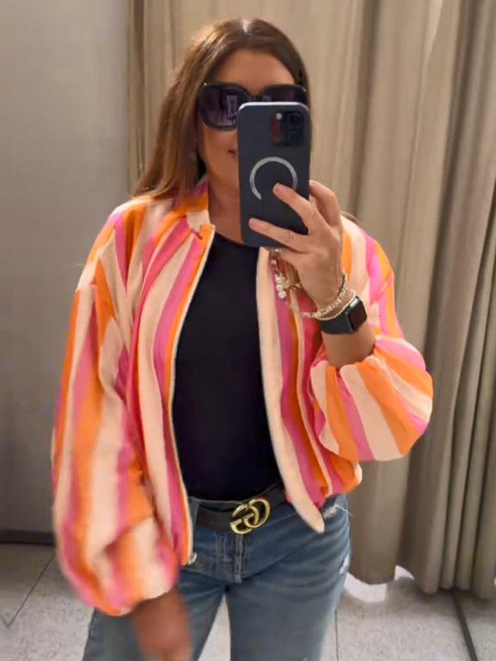 Women's Striped Bomber Jacket with Balloon Sleeves and Short Cropped Cut Mune Fashion