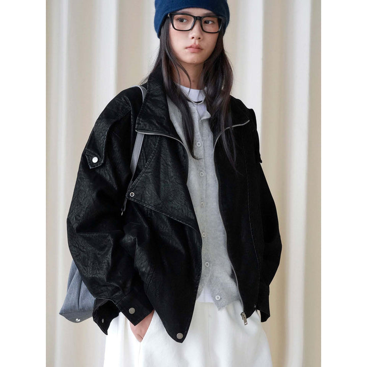 Women's Oversized Leather Jacket with High Collar and Asymmetrical Snap Placket Mune Fashion