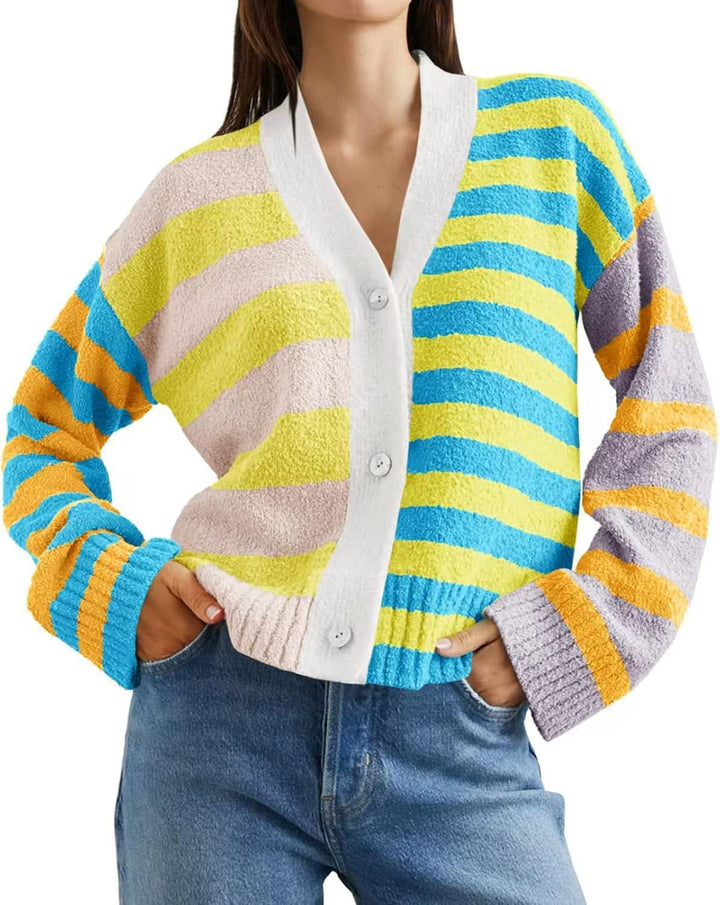 Women’s loose striped terry cardigan with V-neck and button placket Mune Fashion