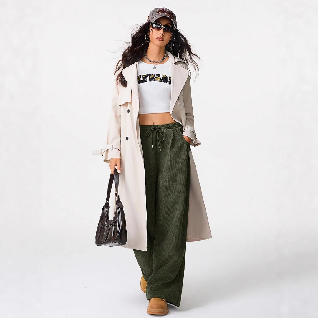 Ladies Wide Cord Trousers made of Fine Cord with High Elastic Waistband Mune Fashion