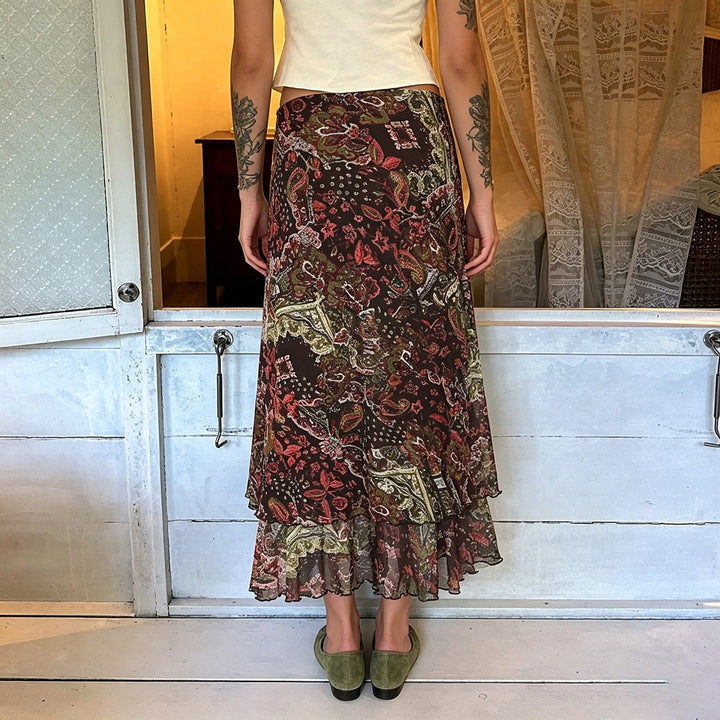 Women Chiffon Midi Skirt with Layered Ruffle, Paisley Print and Asymmetrical Hem Mune Fashion