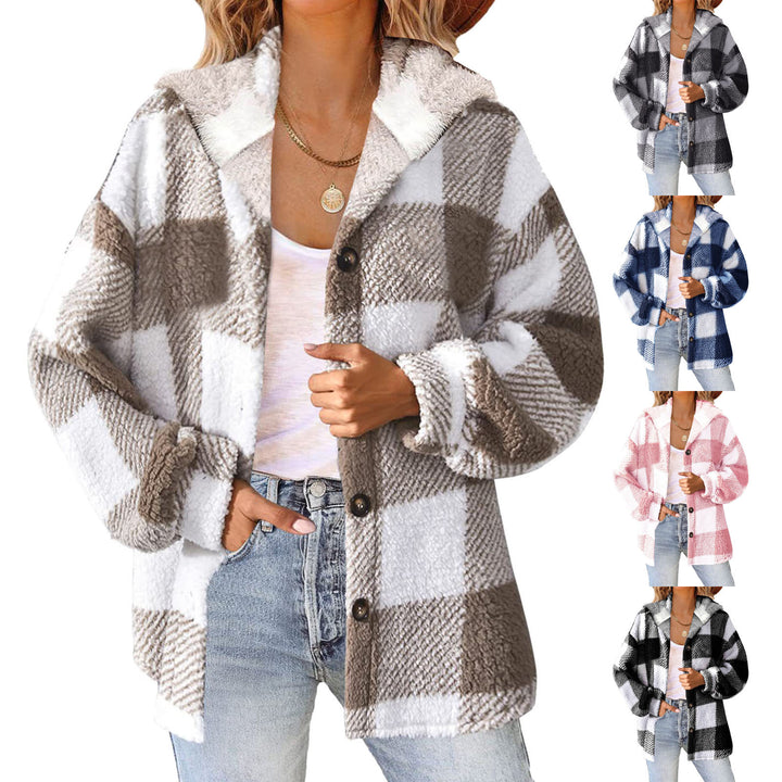 Women's fluffy checked teddy jacket with hood, button closure and oversized fit Mune Fashion