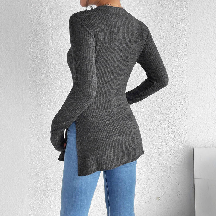 Women Ribbed Long Sleeve Shirt with Side Slit and Fitted Cut Mune Fashion