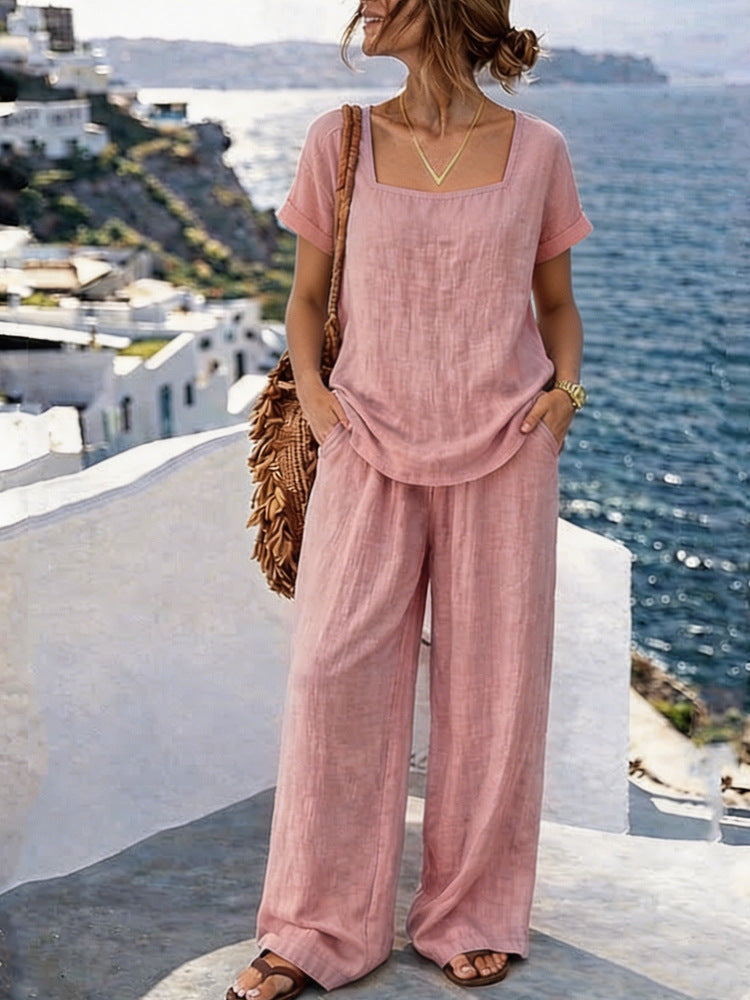 Ladies Airy Linen Top with Wide Pants Mune Fashion