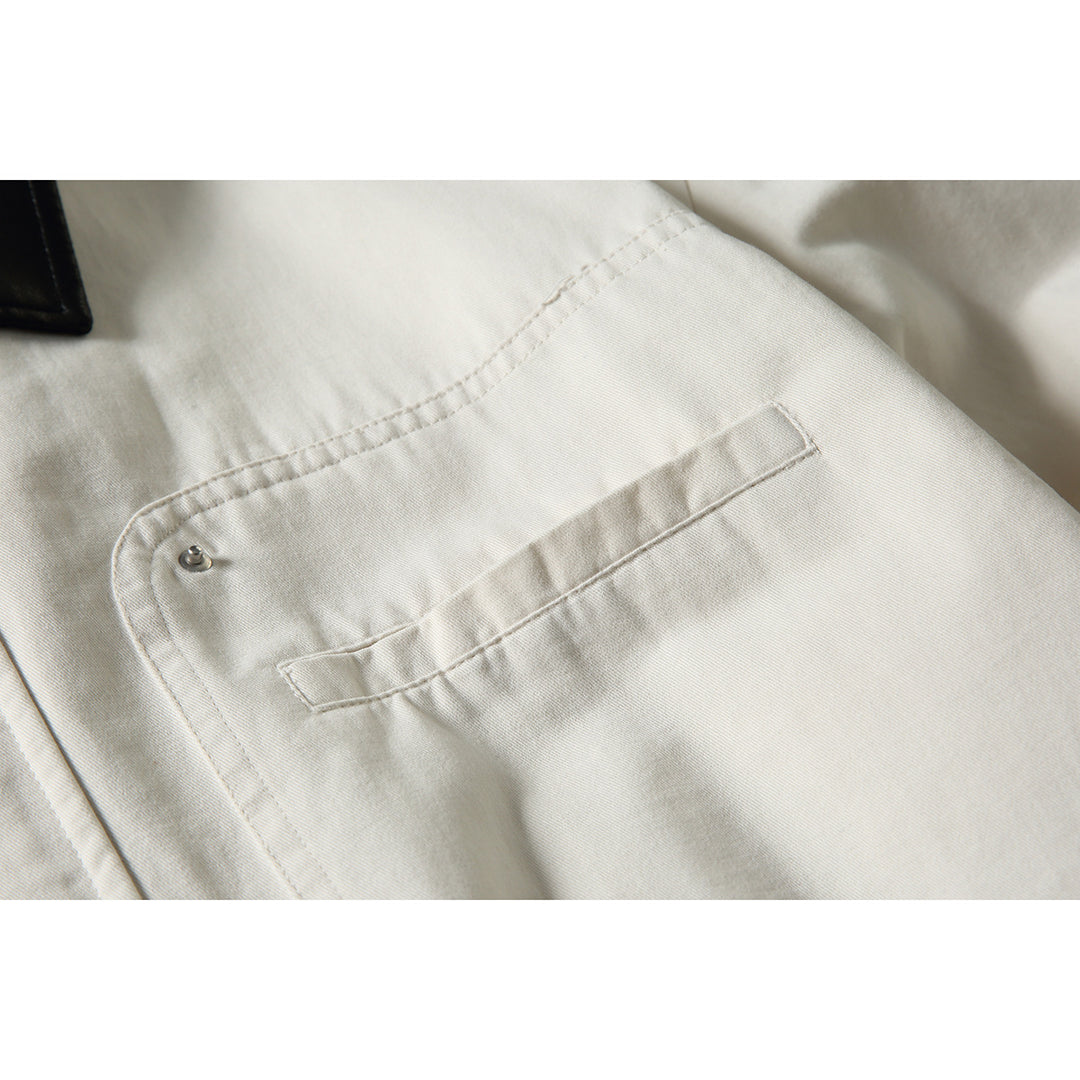 Men's short-cut boxy blouson jacket with faux leather collar, drawstring hem, and snap button cuffs Mune Fashion