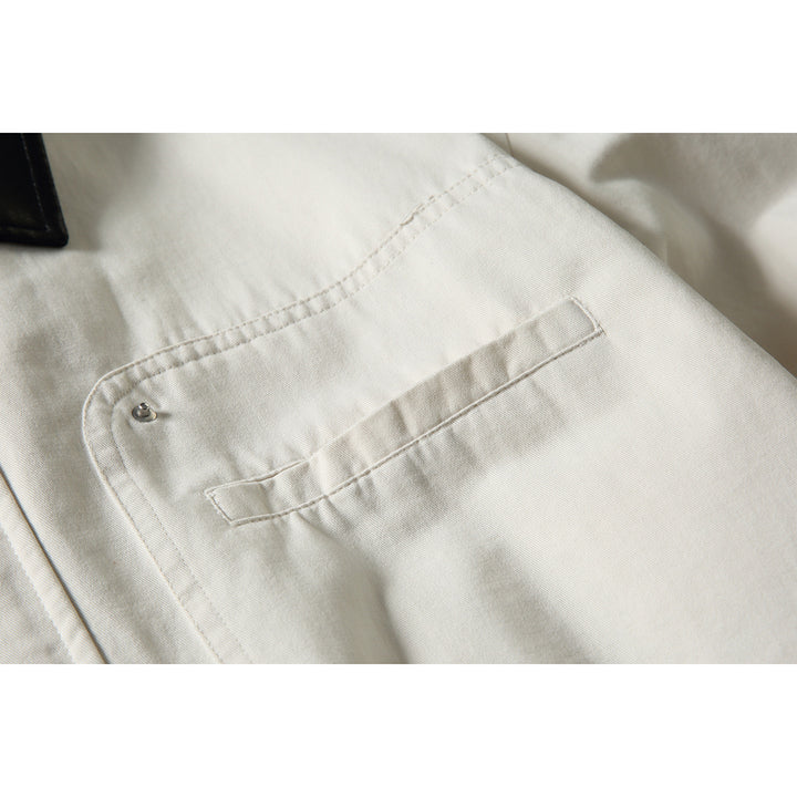 Men's short-cut boxy blouson jacket with faux leather collar, drawstring hem, and snap button cuffs Mune Fashion