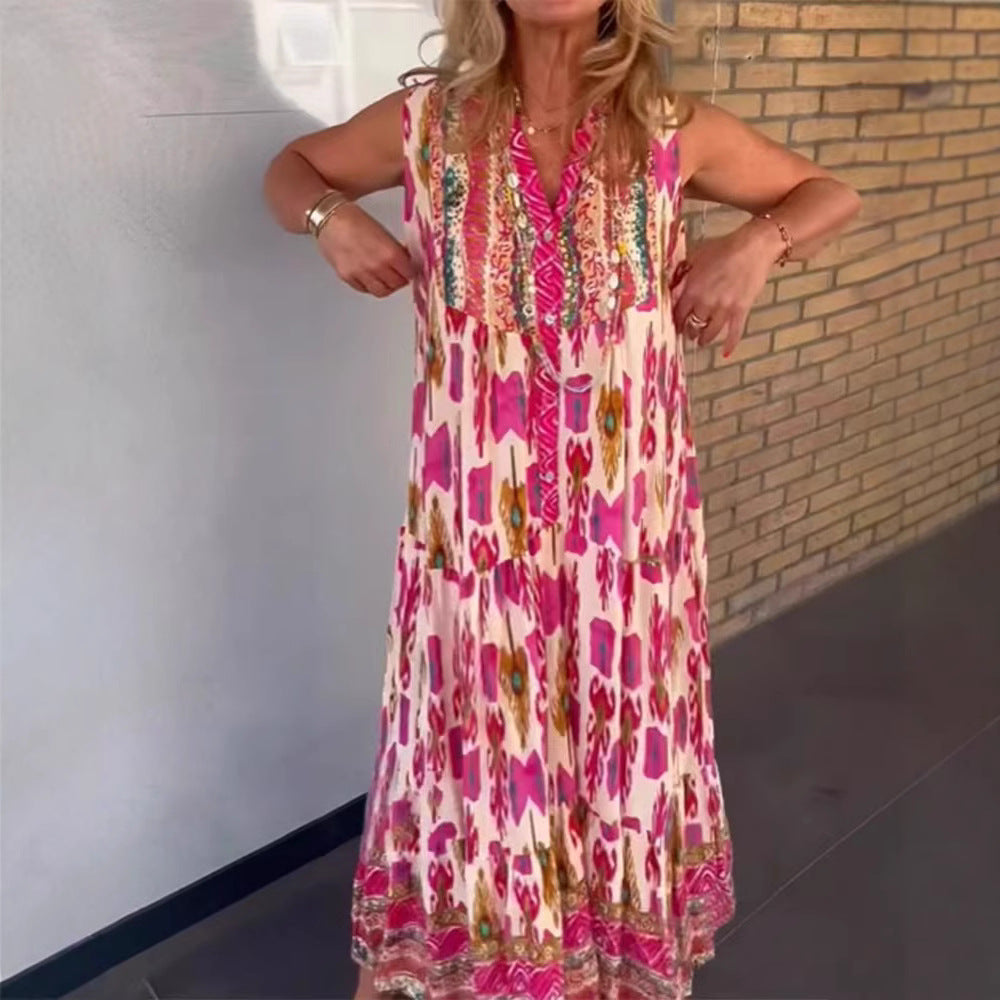 Ladies' flowing maxi dress in boho style with V-neck, tiered skirt and embroidered yoke Mune Fashion