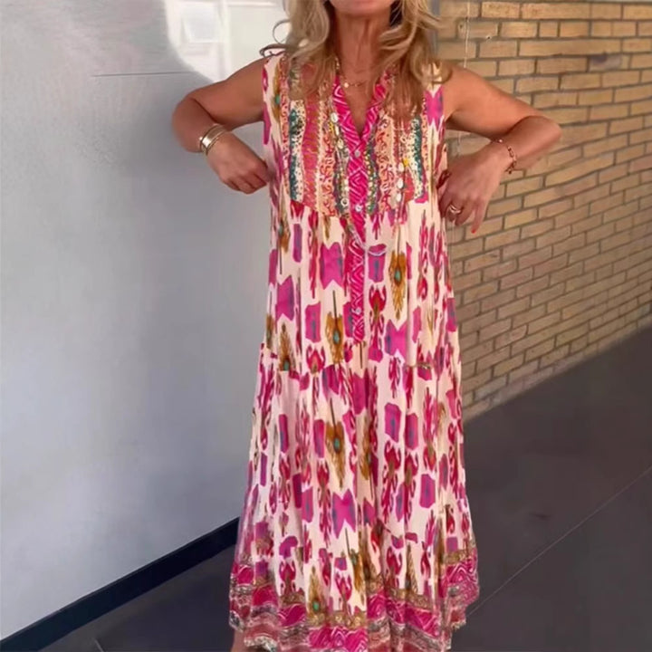 Ladies' flowing maxi dress in boho style with V-neck, tiered skirt and embroidered yoke Mune Fashion