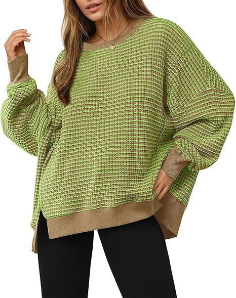 Women Striped Oversize Sweater with Round Neck and Side Slits Mune Fashion