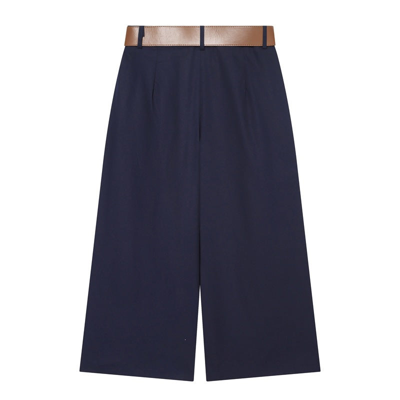 Women's High-Waisted Culotte Pants with Wide Leg, Knife Pleats and Round Buckle Belt Mune Fashion