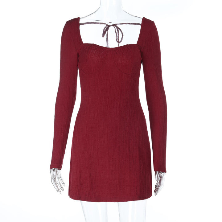 Women's fitted knit mini dress with square neckline, underbust seams and back tie detail Mune Fashion