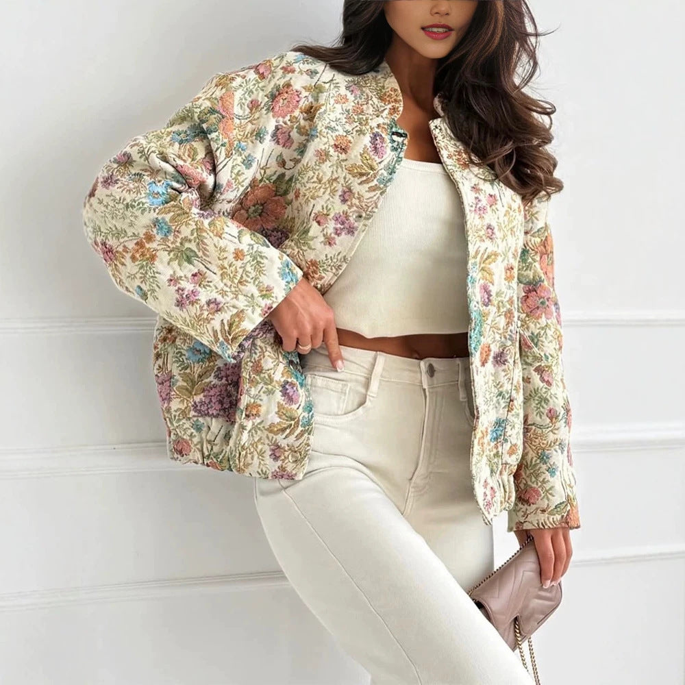 Women's Floral Jacquard Quilted Jacket with Standing Collar and Elastic Hem Drune