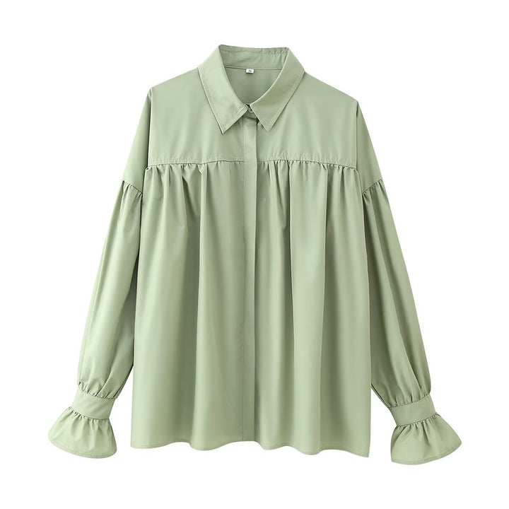 Women nan oversized tunic blouse with concealed button placket, gathered yoke and frill cuff Mune Fashion