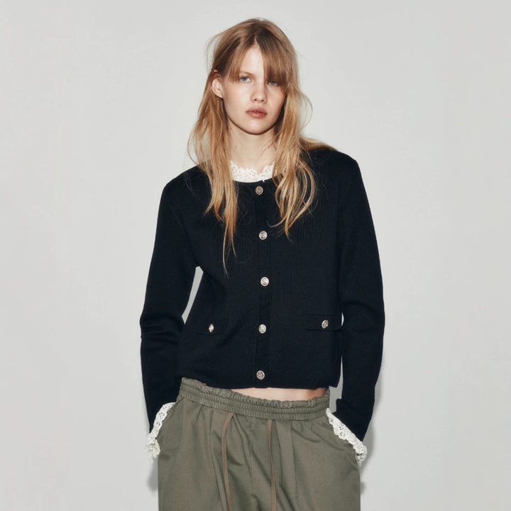Women's Short Cut Fine Knit Cardigan with Round Neck, Decorative Buttons and Flap Pockets Mune Fashion