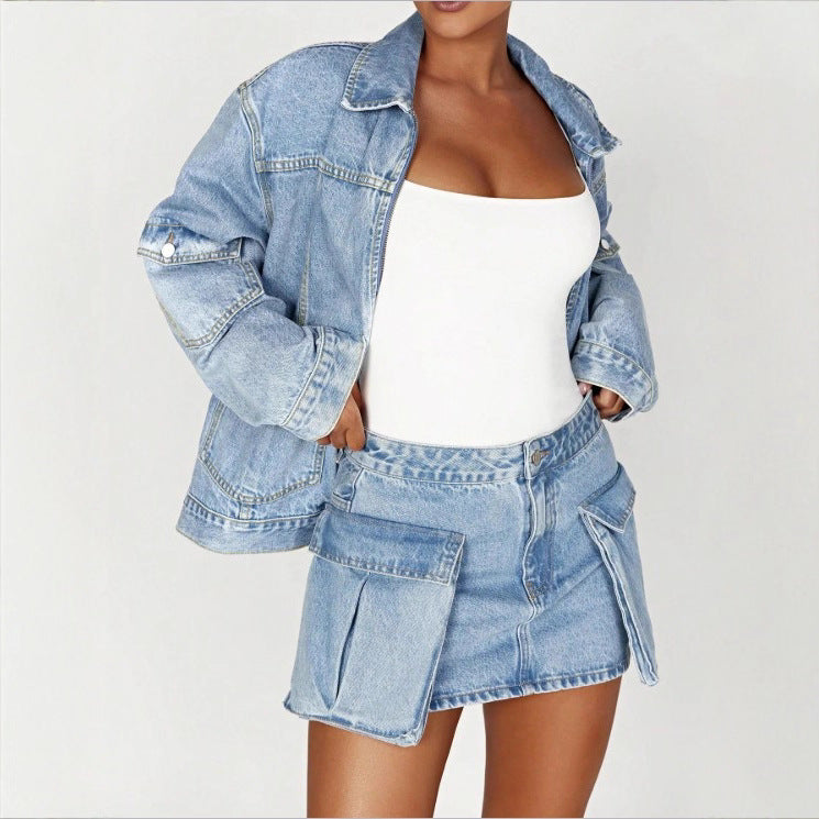 Women's Oversize Utility Denim Jacket with Large Flap Pockets and Zipper Mune Fashion