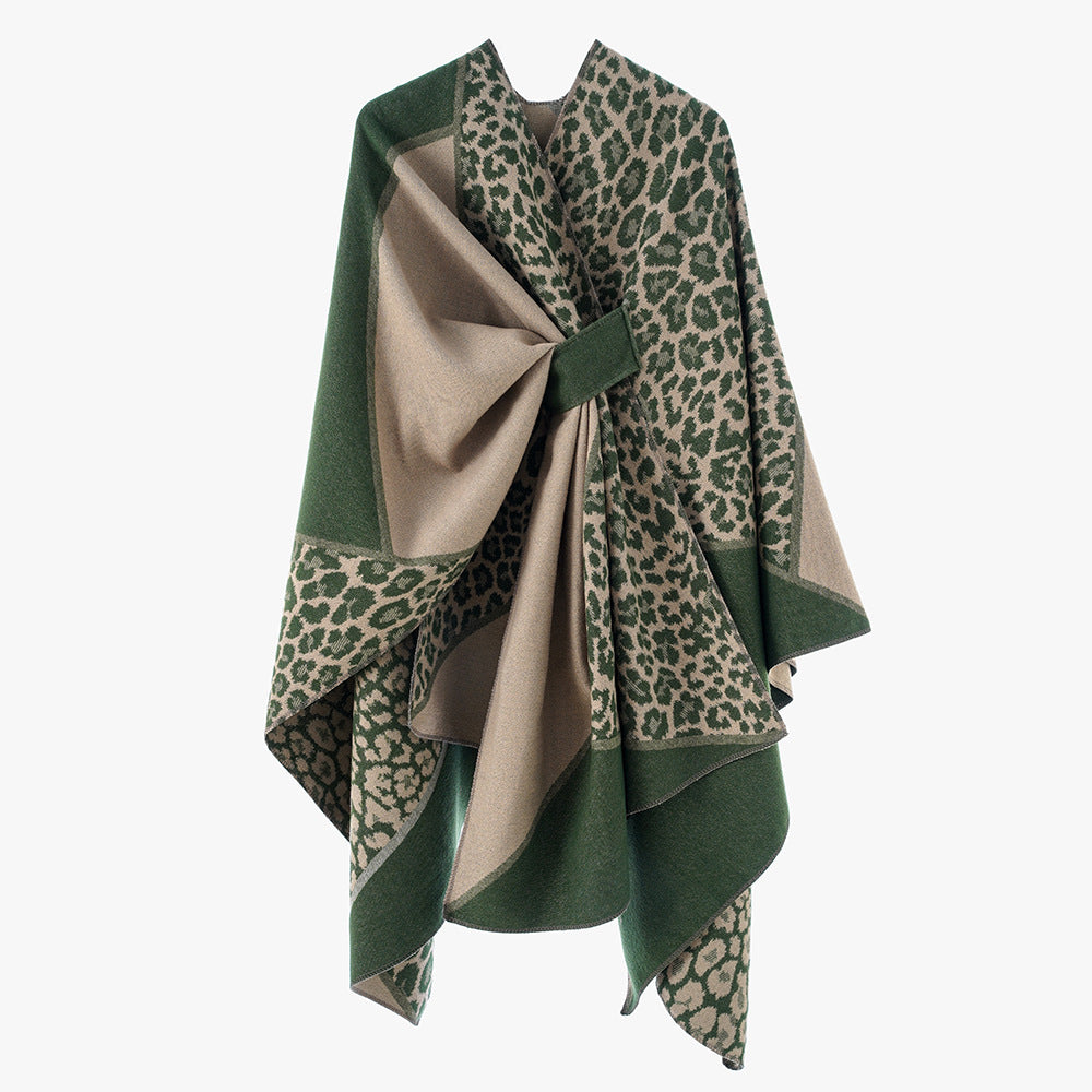 Women's jacquard poncho with leopard pattern and wool blend wrap Mune Fashion