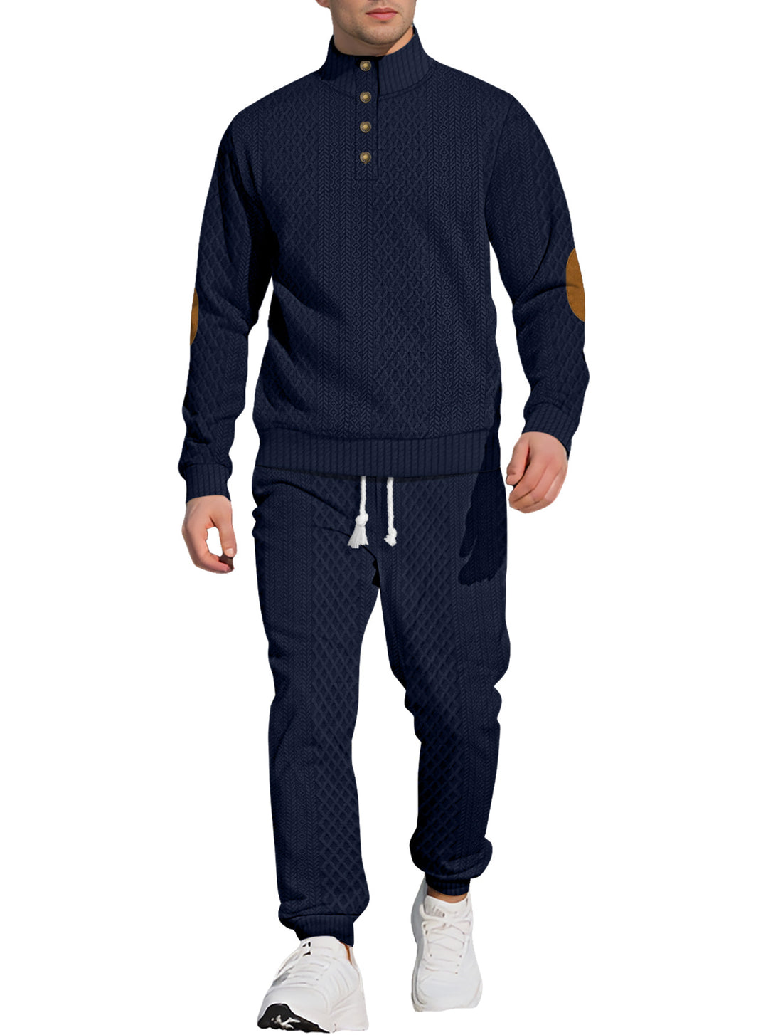 Men's patterned knit leisure set with half-button stand collar suede elbow patches and drawstring joggers Mune Fashion