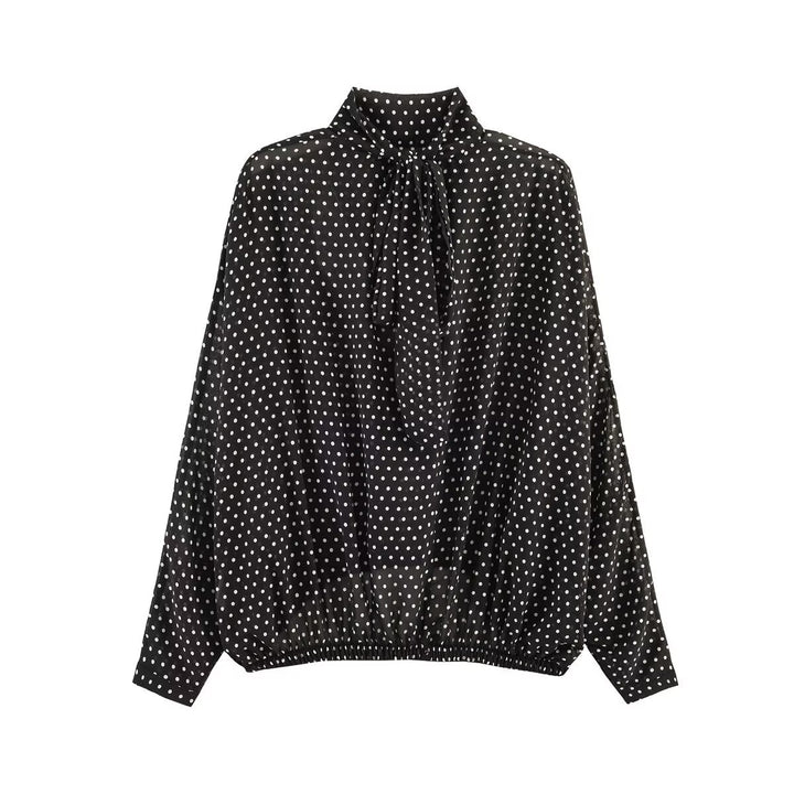 Women's Loose Blouson Top with Stand Collar, Polka Dot Pattern and Elastic Hem Mune Fashion