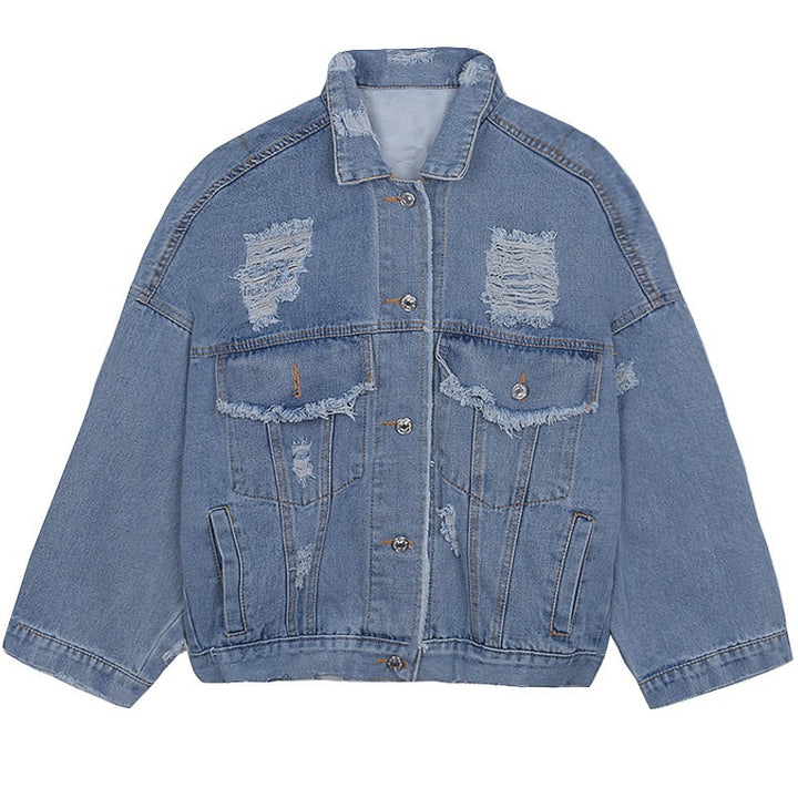 Women's Casual Oversized Denim Jacket with Destroyed Details Mune Fashion