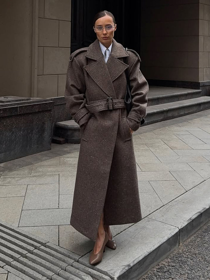 Women's Maxi-Length Wool Cocoon Coat with Emphasized Shoulder Section and Waist Belt Mune Fashion