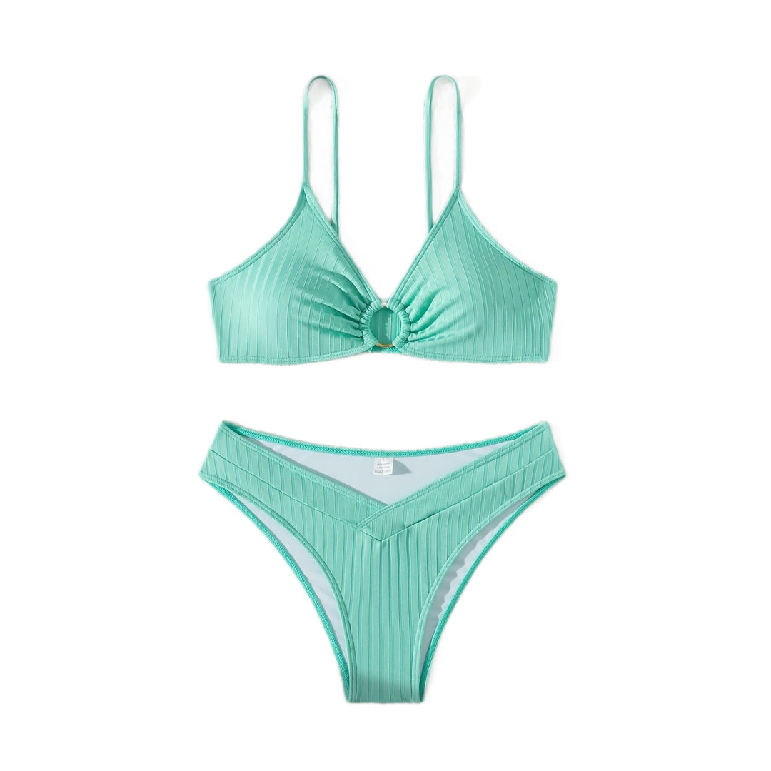 Women Sophisticated Bikini Top with V-Neck and Decorative Ring Mune Fashion