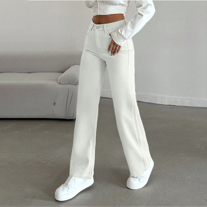 Women's High-Waisted Wide Five-Pocket Pants Made of Stretch Denim with Flared Leg Mune Fashion