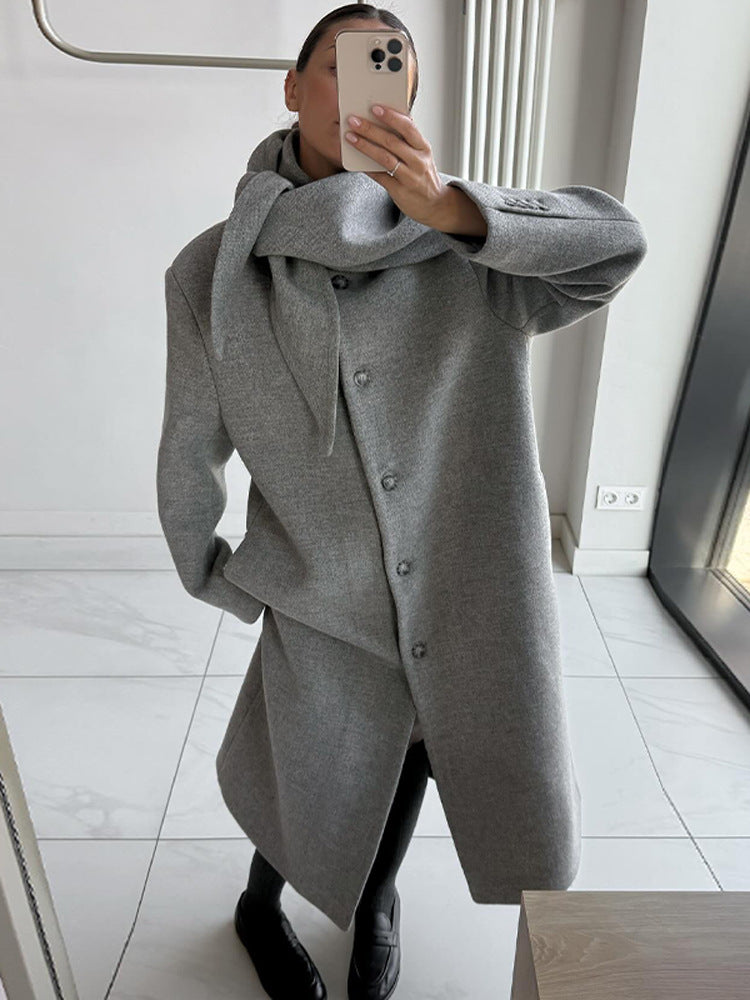 Women's Mid-length Wool Blend Coat with Integrated Loop Scarf Mune Fashion