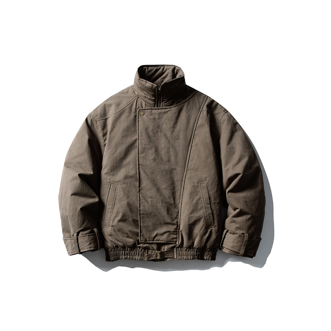 Men's Volume Stand Collar Bomber with Asymmetric Front Flap and Waist Buckle Mune Fashion