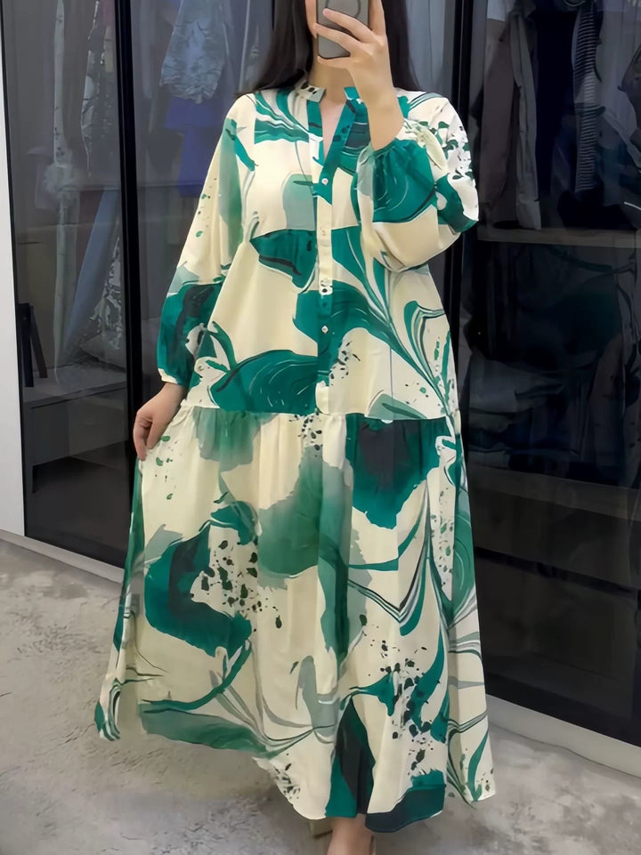 Women's Flowing Tiered Dress with Stand Collar, Balloon Sleeves and Button Placket Mune Fashion