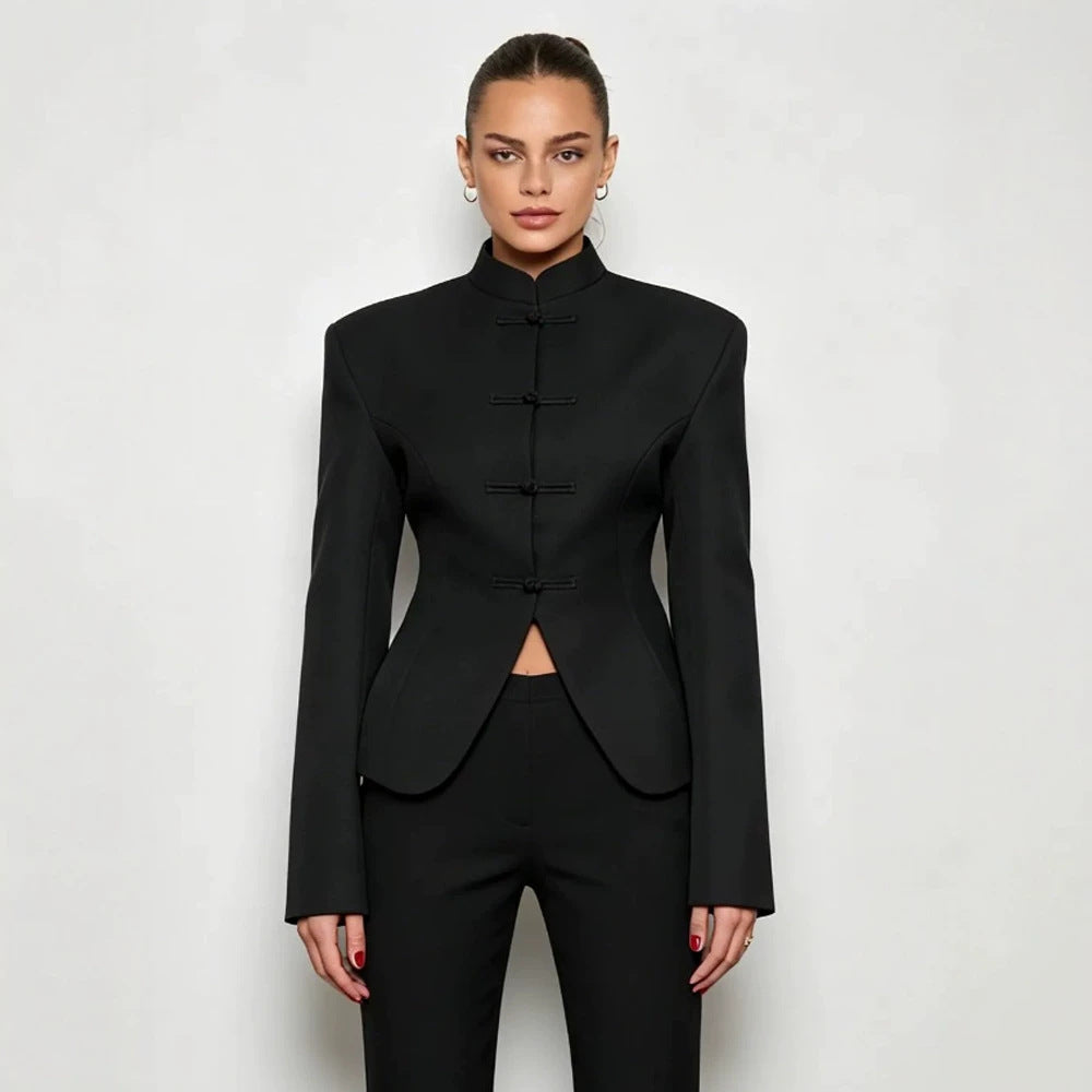 Women's Sculpted Blazer with Stand Collar, Decorative Knot Closures and Tailored Silhouette Mune Fashion