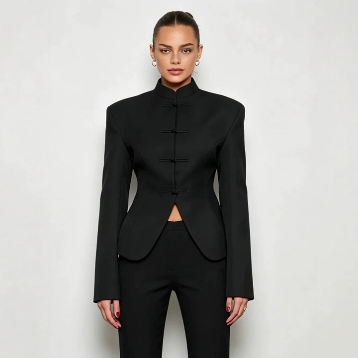 Women's Sculpted Blazer with Stand Collar, Decorative Knot Closures and Tailored Silhouette Mune Fashion