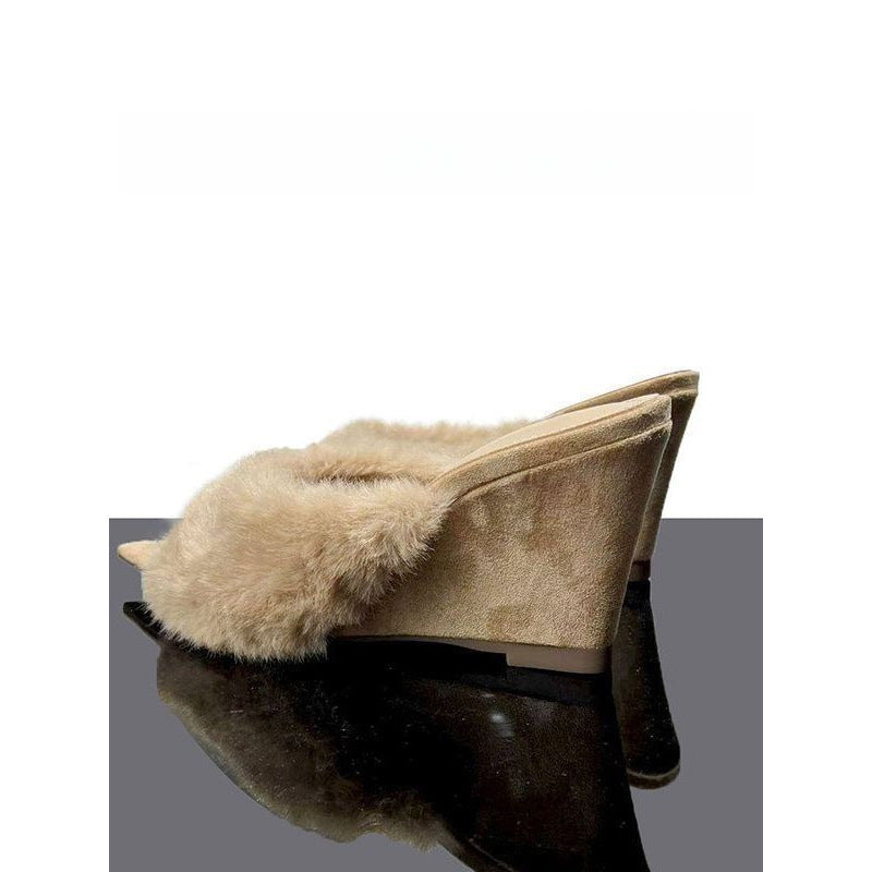 Women fluffy pointed toe mule slippers with faux fur vamp and low wedge heel Mune Fashion