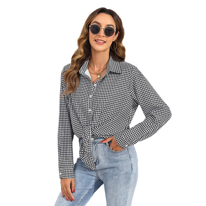 Women knotted houndstooth blouse with shirt collar and continuous button placket Mune Fashion