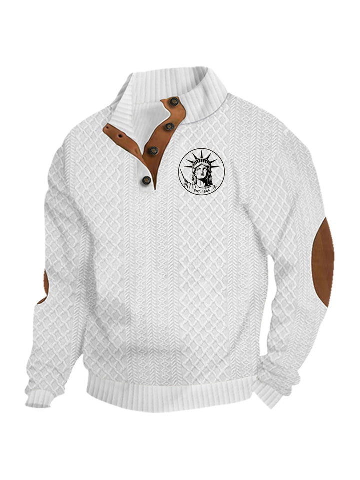 Men's nan Heritage textured pullover with stand-up collar faux leather trim elbow patches and half-button placket Mune Fashion