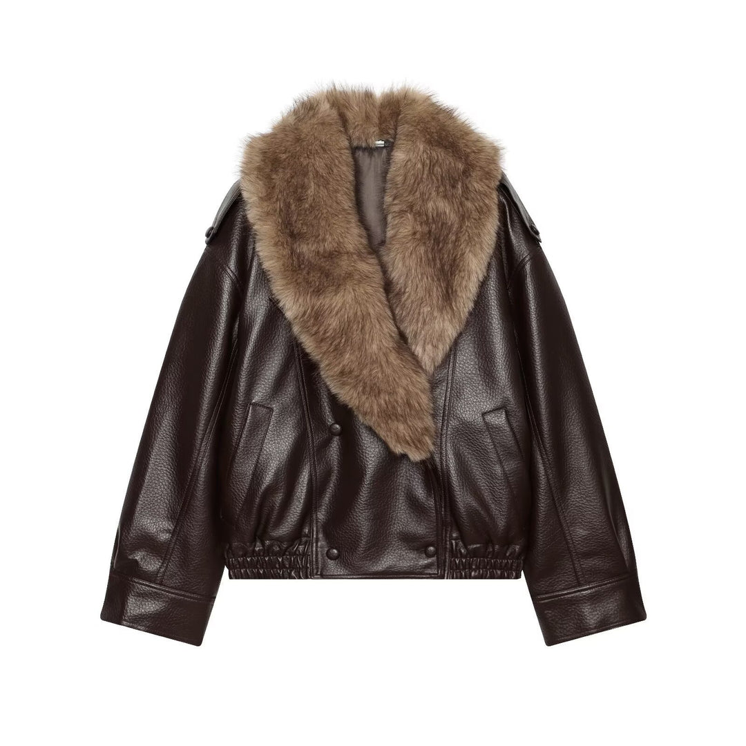 Women's Short Cut Biker Leather Jacket with Voluminous Faux Fur Shawl Collar Mune Fashion
