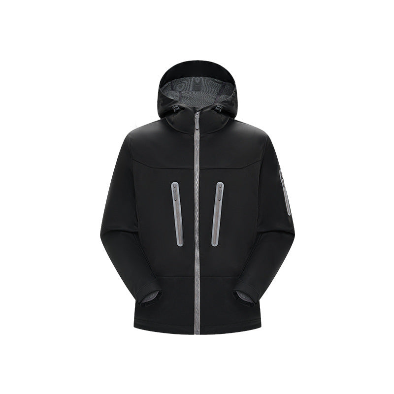 Men's multifunctional softshell jacket with ergonomic weather protection, adjustable hood and vertical zip pockets Mune Fashion