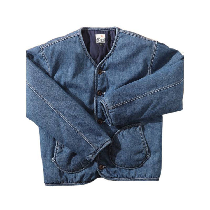 Men's Insulated Denim Utility Jacket Without Collar with Button Closure and Round Flap Pockets Mune Fashion