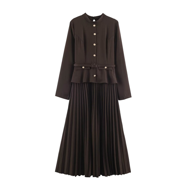 Ladies Two-Piece Midi Dress Set with Narrow Waistband, Concealed Button Placket and Pleated Skirt Mune Fashion