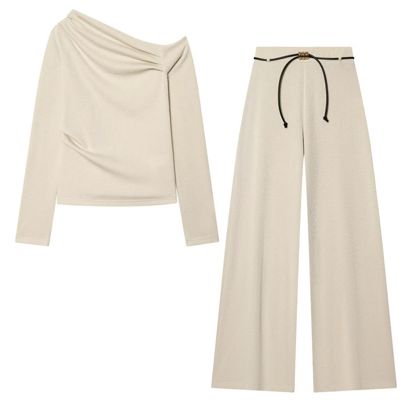 Women Asymmetric Fine Knit Top with Waterfall Collar and Side Gathering Mune Fashion