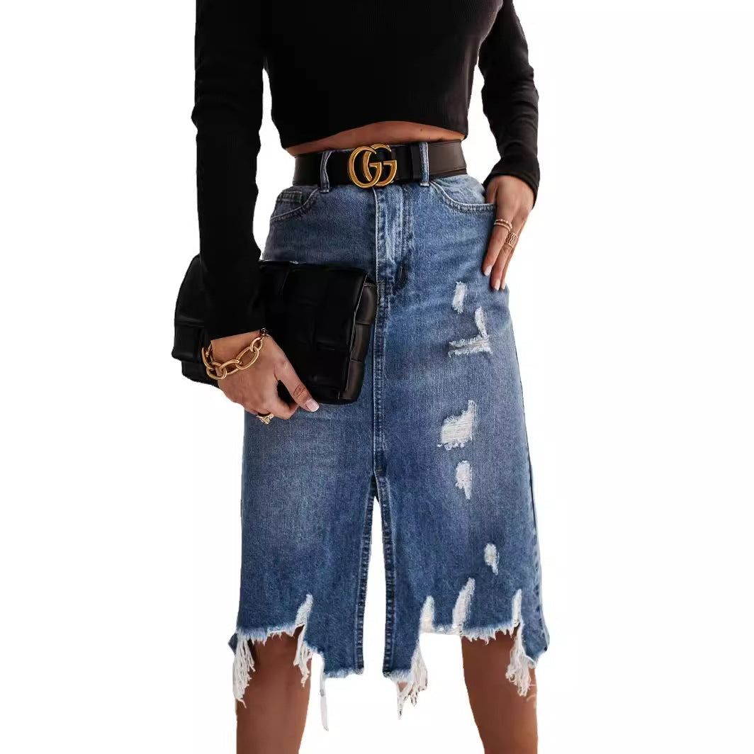 Women's tailored destroyed denim midi skirt with fringing, front slit, and belt loops Mune Fashion