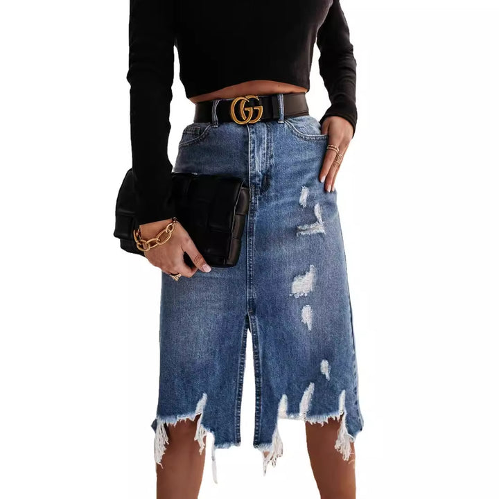 Women's tailored destroyed denim midi skirt with fringing, front slit, and belt loops Mune Fashion