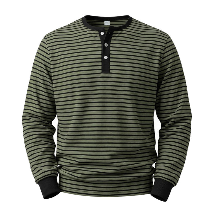 Men's Long Sleeve Henley Shirt made of Cotton Mix with Fine Stripes and Button Placket Mune Fashion