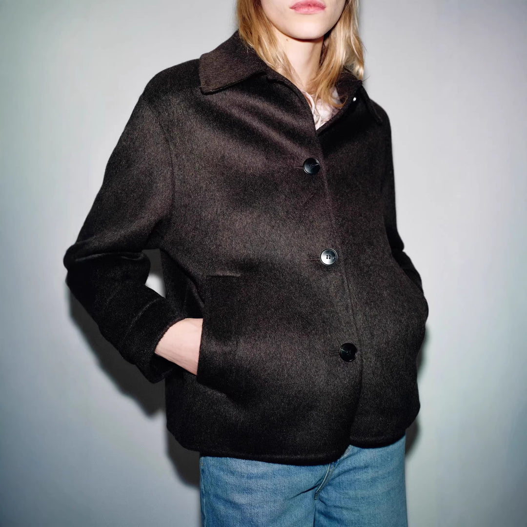 Women Short Wool Blend Blouson with Boxy Cut, Shirt Collar and Concealed Pockets Mune Fashion