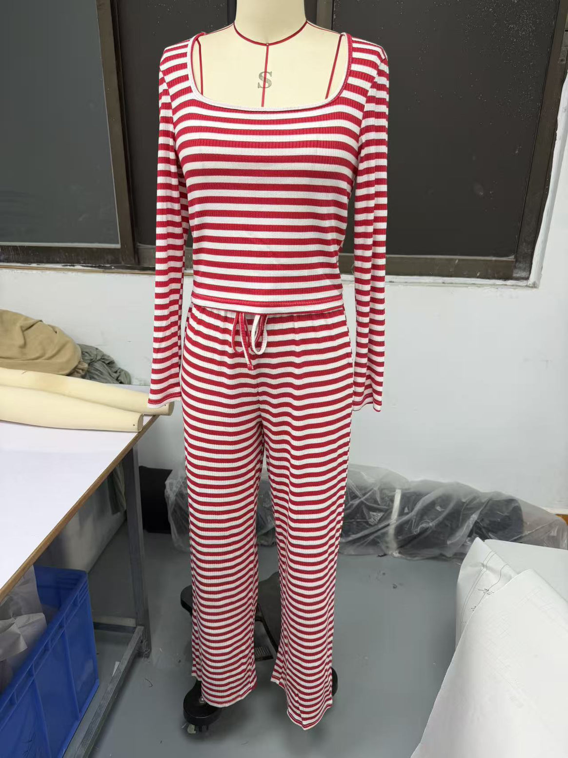 Women's Striped Lounge Two-Piece with Wide Leg and Cropped Long Sleeve Top Mune Fashion