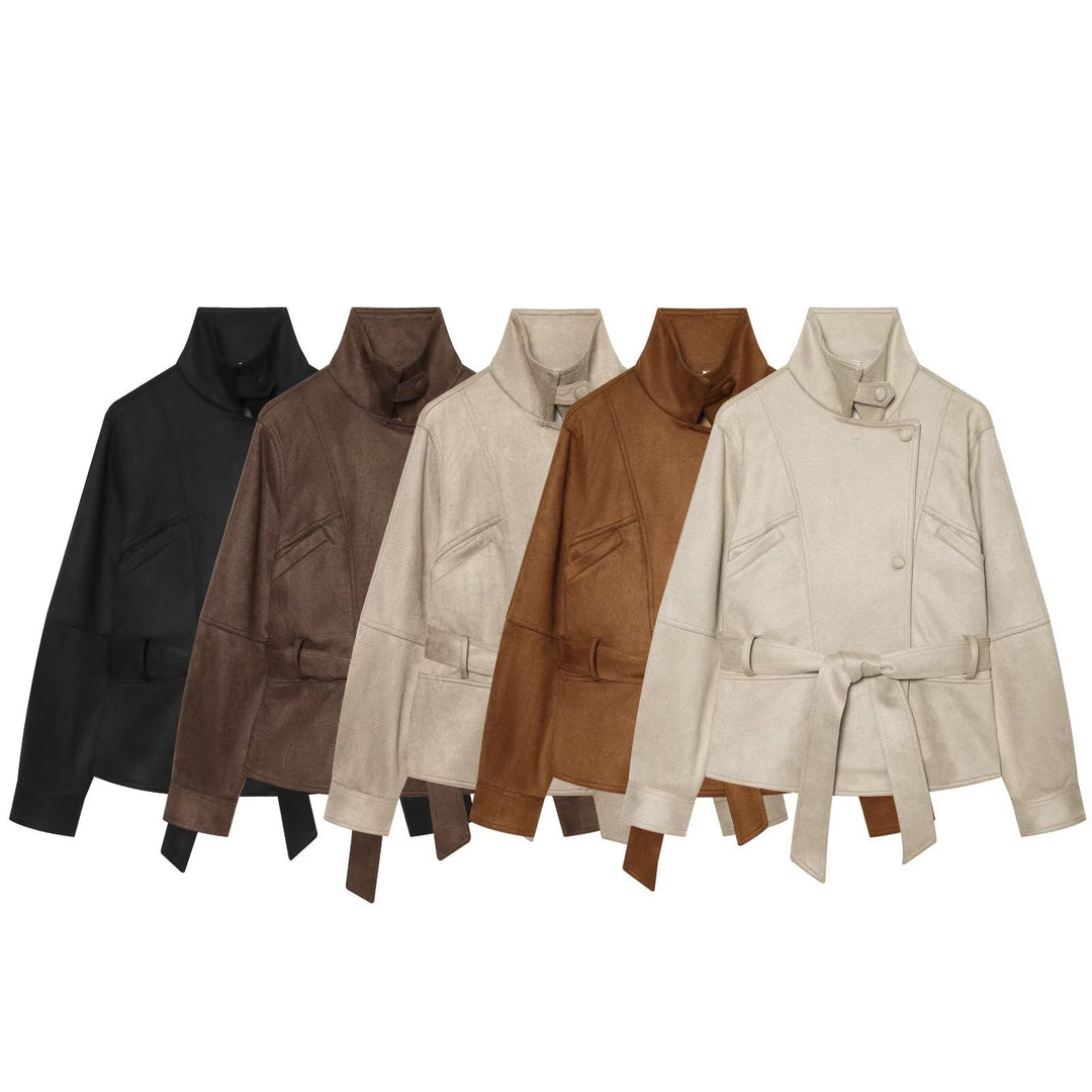 Women's tailored short jacket made of soft suede imitation with asymmetrical button placket and tie belt Mune Fashion