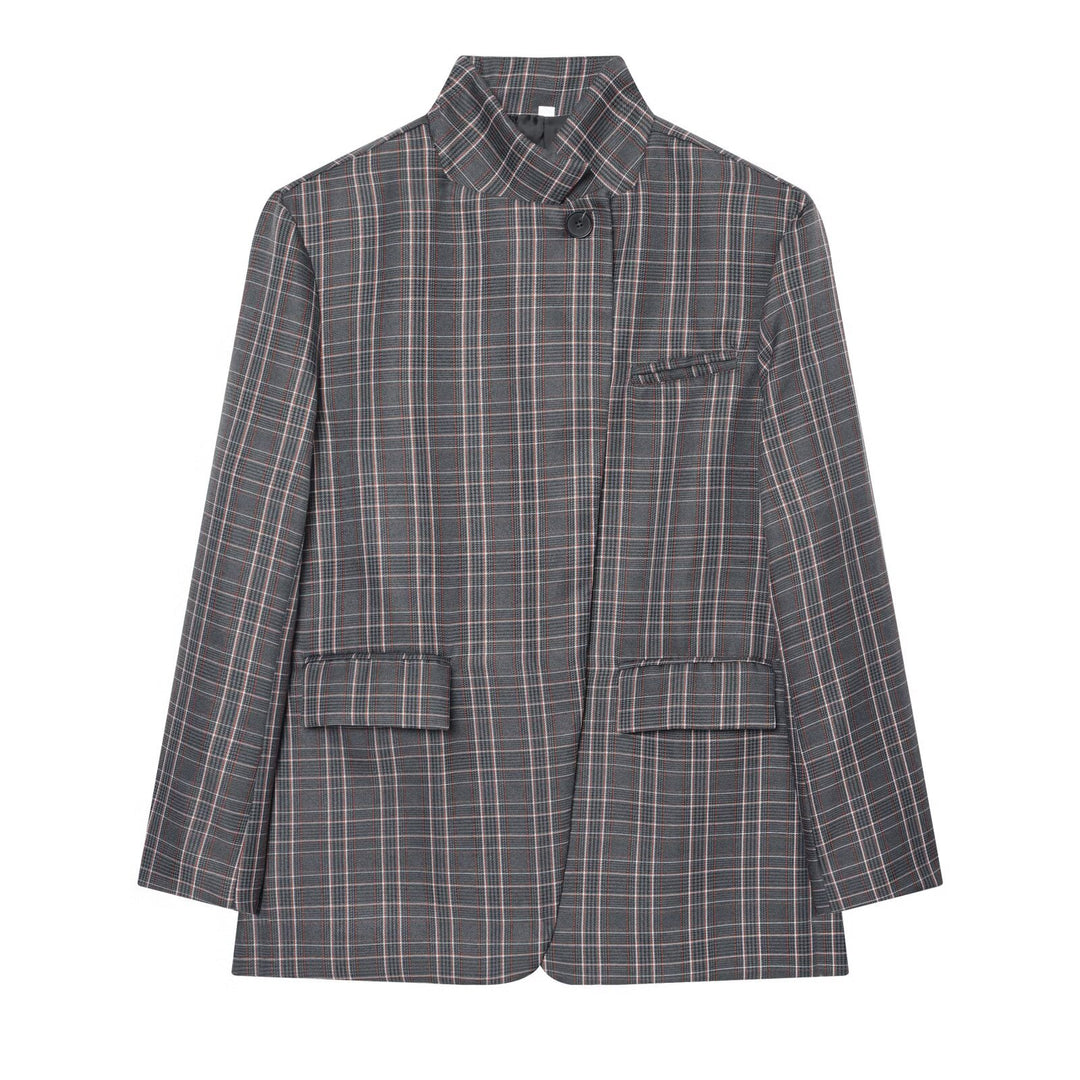 Women Checked Long Blazer with Stand Collar, Concealed Button Placket and Flap Pockets Mune Fashion
